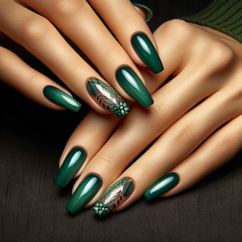 Nail design featuring Rainforest green color with beautiful leaf detailing Art With Leaf, Green Nail Art, Green Polish, Art At Home, Nail Art At Home, Green Nail Polish, Nails Today, Green Nail, Color Trends Fashion