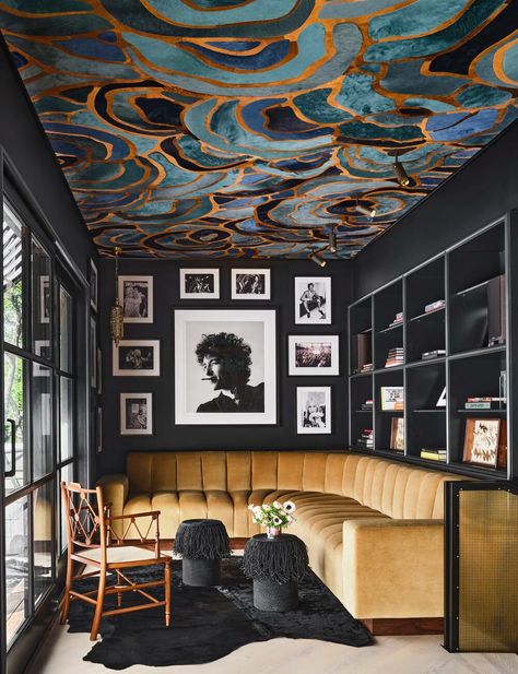 Heads Up! Wallpapered and Painted Ceilings Are Trending, as These 14 Rooms Dramatically Reveal  | The Study Painted Ceilings, No Time Like The Present, Ceiling Wallpaper, Wallpaper Ceiling, Colored Ceiling, Painted Ceiling, Dark Room, The Study, Room Wallpaper