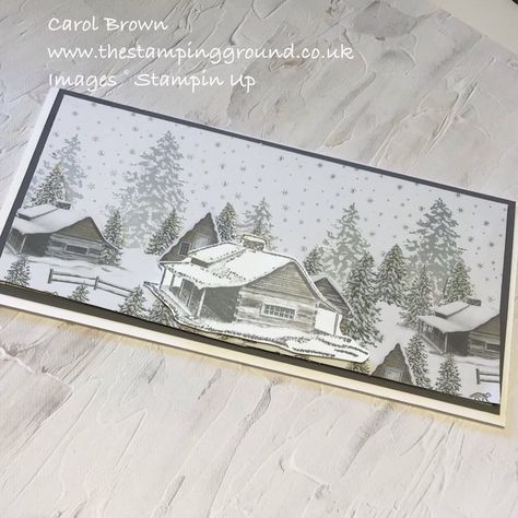 Christmas Cabin Cards from Stampin Up with Video Tutorial Step By Step Card Making, Christmas Cabin, Stamped Christmas Cards, Slimline Cards, Hanukkah Cards, Cabin Christmas, Peaceful Place, Masculine Birthday Cards, Step Cards