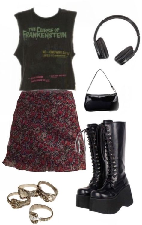 Black Spring Outfits Aesthetic, Outfit Ideas Whimsigoth, Y2k Pop Punk Outfits, 90s Rockstar Outfit, Goth Bitmoji Outfits, 90s Rockstar Fashion, Artsy Goth Outfits, 90s Rockstar Girlfriend Outfits, Rockstar Girlfriend Aesthetic Outfits 90s