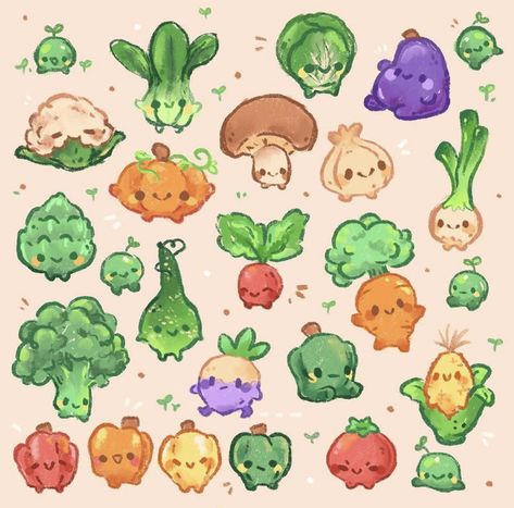 Cute Vegetables, Vegetable Drawing, Vegetable Illustration, Foodie Art, Nice Food, Cute Food Drawings, Cute Food Art, Cute Doodles Drawings, Cute Kawaii Drawings