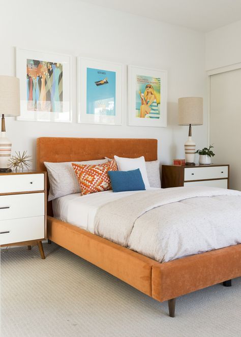 west-elm-palm-springs-mid-century-modern-luxury-42 Orange Upholstered Bed, Orange Headboard Bedroom Ideas, Mid Century Modern Bedding Set, Orange Bed Frame Decor, Orange Headboard Bedroom, Creamsicle Aesthetic, Orange Bed Frame, Austrian Palace, Orange Headboard