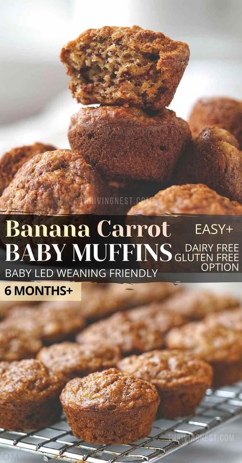 Infant Banana Muffins, Banana Recipes Blw, Eggless Muffins For Baby, Banana Carrot Mini Muffins, Healthy Banana Muffins For Toddlers, Banana Carrot Spinach Muffins, Baby Friendly Banana Muffins, Carrot Baby Food Ideas, Carrot Cake Baby Food Recipe