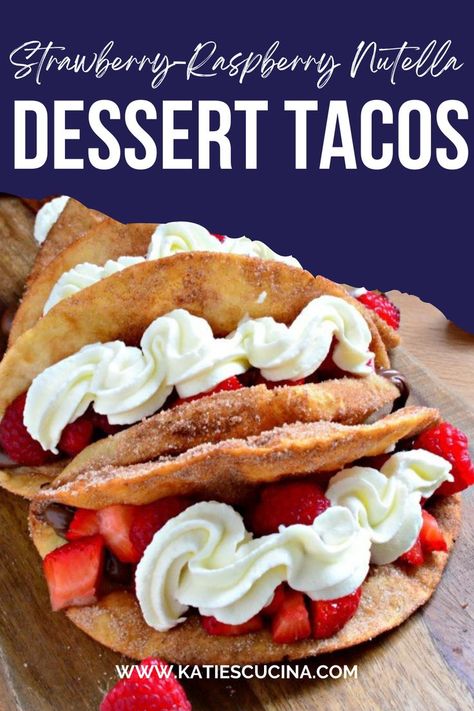 Strawberry-Raspberry Nutella Dessert Tacos on wooden cutting board with Pinterest text. Dessert Tacos, Dessert Taco, Nutella Desserts, Easy Dessert Recipe, Tenderloin Recipes, Slow Cooker Dinner, Pork Tenderloin Recipes, Beef Recipes For Dinner, Easy Soups