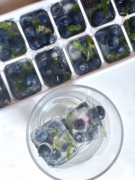 Blue Flower Ice Cubes, Blueberry Mint Ice Cubes, Different Ice Cubes, Blueberry Mint Water, First Birthday Blueberry Theme, Blueberry Ice Cubes, Fruit Infused Ice Cubes, Blueberry Party Favors, Something Blue Bridal Shower Ideas Food