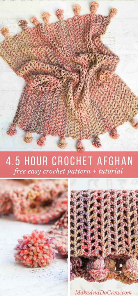 This is the fastest crochet afghan ever! You can make the entire blanket, including tassels in less than five hours. This free pattern and tutorial is perfect for beginning crocheters. via @makeanddocrew Crocheted Afghans, Fast Crochet, Crochet Afghan Patterns Free, Crochet For Beginners Blanket, Easy Crochet Patterns Free, Crochet Blanket Afghan, Crochet Gratis, Afghan Patterns, Crochet Afghans