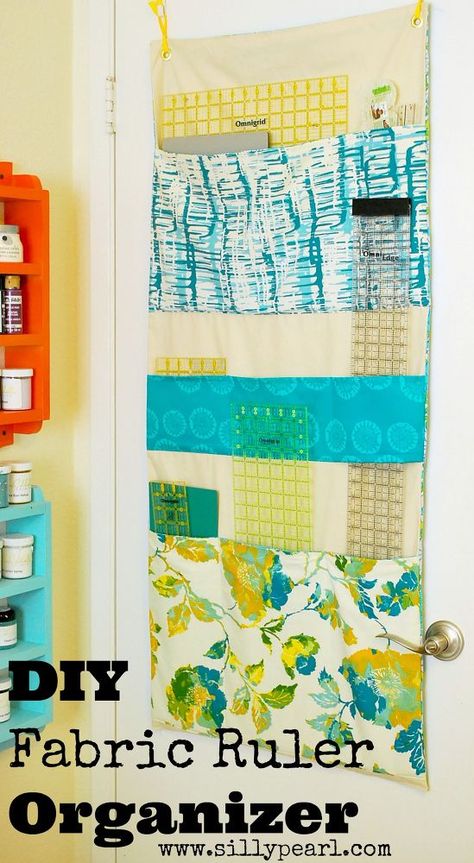 Such a great idea! This would be a perfect way to store my fabric rulers up and away from little fingers! Plus, I could use fabric that matches my sewing room theme! Ruler Storage, Make Your Own Fabric, Fabric Organization, Fabric Organizer, Sewing Room Storage, Sewing Spaces, Quilt Studio, Quilt Retreat, Sewing Room Organization