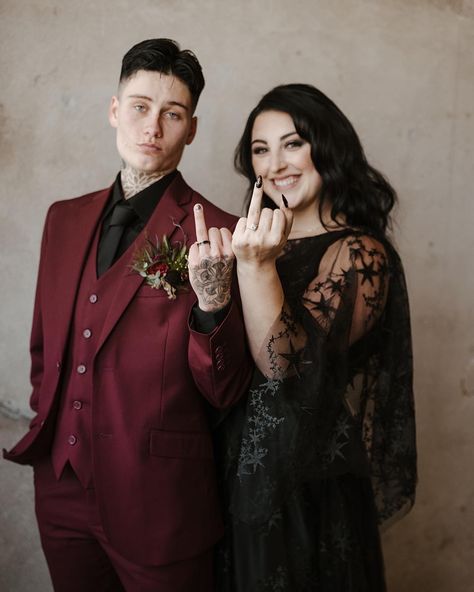 #wlw #lesbiancouple #lesbianweddin #blackweddingdress #maroonsuit #midwest #midwestwedding #indianapolis #stars #astrology #celestial #handtattoo #necktattoo Masc Fem Wedding, Celestial Goth Wedding, Gothic Lesbian Wedding, Spooky Wedding Photos, Masc Wedding Outfits Bride, Goth Wedding Suit, Mlm Wedding, Non Binary Wedding Outfit, Wlw Marriage