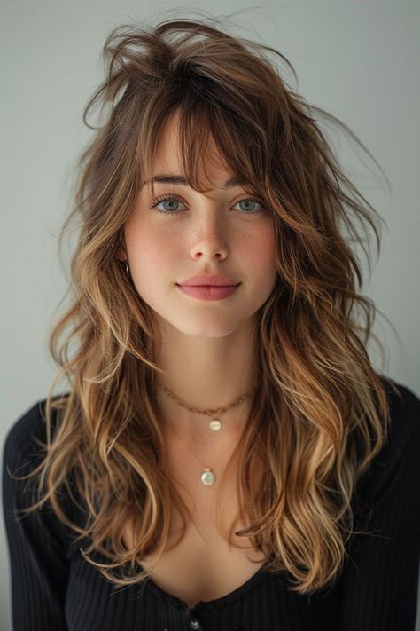 Achieve whimsical elegance with flowy, long curtain bangs that turn straight hair into a fairy tale dream. Natural Wavy Medium Length Hair, Shaggy Hair Ondulado, Hair Styles Ponytails, Brown Hair Fair Skin, Hair Curtain, Bangs Wavy Hair, Mom Hair, Haircut 2024, 2023 Hair