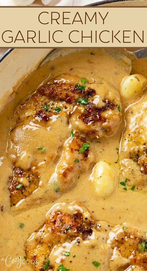 Garlic chicken in a creamy sauce with caramelized garlic chunks in the sauce Gourmet Chicken, Creamy Garlic Chicken, Garlic Chicken Recipes, Chicken Entrees, Gourmet Dinner, Chicken Dish, Favorite Chicken, Chicken Main Dishes, Creamy Garlic