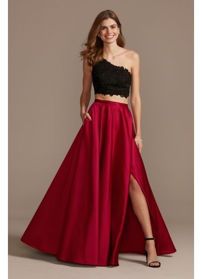 Asymmetric Lace Crop Top and Satin Split Skirt Set WBM1795RW Blouse Neck Patterns, Fashion Study, Neck Patterns, Lace Back Dresses, Woman Outfit, Satin Crop Top, Red Wedding Dresses, Diy Fashion Clothing, Blouse Neck