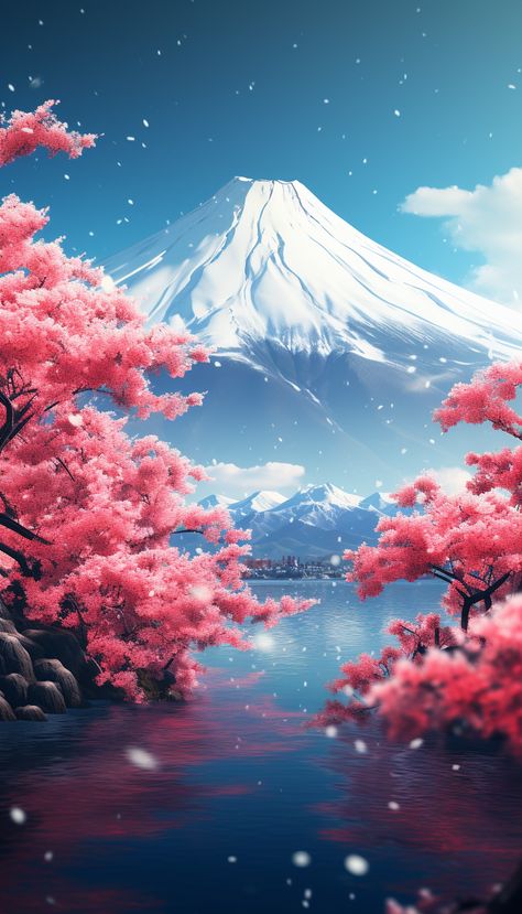 Visit the link for more designs and more option. trending, best selling, peaceful, calm, yamanashi, majestic, journey, blossoms, sunrise, blooming, japanese, scenery, japanese landscape, mount fuji, sakura tree, sakura flower, fuji, forest, pink, japan, spring, beautiful, mountain, sky, blossom, nature Fuji Mountain Illustration, Mount Fuji Sakura, Gunung Fuji, Space Art Wallpaper, Japan Wallpaper, Pink Japan, Japanese Scenery, Japan Spring, Mountain Aesthetic