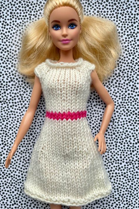 Free Barbie doll dress Knitting Pattern for Circular Needles or DPNs - Craft Fix Crochet Barbie Clothes Patterns Free Fashion Dolls, Knitted Doll Blankets Free Pattern, Free Barbie Patterns, Free Barbie Clothes Patterns, Knitted Barbie Clothes Patterns Free, Barbie Knitting Patterns Free Outfit, Knit Dress Pattern Free, Doll Dress Pattern, Dress Knitting Pattern