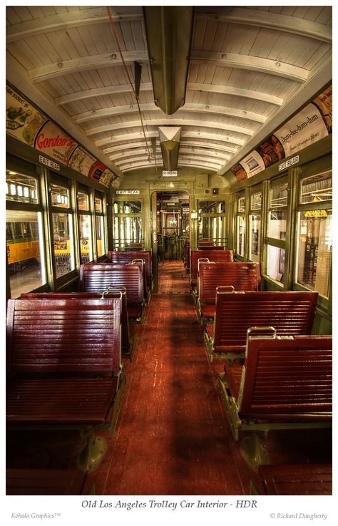 Old Los Angeles Trolley Car Interior at OERM. Photo by Richard Daugherty - http://www.flickr.com/photos/richd77/8754338825/in/photostream/ Old Train Interior, Jungle Train, Old Los Angeles, Pole Nord, The Adventure Zone, Old Trains, Old Train, Level Design, Music Man