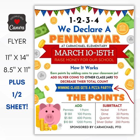 Penny Wars Fundraiser Flyer Set – Simple Desert Designs Office Fundraising Ideas, Penny Wars Fundraiser, Easy School Fundraisers, Penny Wars, Soccer Fundraiser, Fundraiser Ideas School, Classroom Parent, Elementary School Fundraisers, Cheerleading Fundraiser