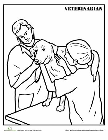 Worksheets: Veterinarian Coloring Page  Check out this site: education.com - lot's of free stuff for teaching. Community Crafts, Zoo Animal Coloring Pages, Community Helpers Unit, Community Helpers Theme, Community Workers, Community Helpers Preschool, Family Coloring Pages, Preschool Letter, Vet Medicine