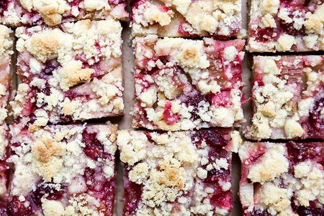 Cherry-Rhubarb Pie Bars | Floating Kitchen Cranberry Crumble Bars, Chai Breakfast, Cranberry Crumble, Rhubarb Bars, Floating Kitchen, Crumb Bars, Easter 2024, Whole Grain Flour, Cherry Filling