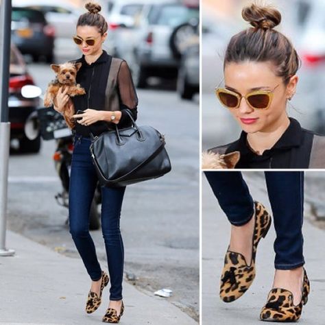 leopard loafers, top knot, big tote. Loafers Outfit Winter, Loafers Outfits, Leopard Print Loafers, Style Désinvolte Chic, Leopard Loafers, Loafers Outfit, Celebrity Style Inspiration, Animal Print Outfits, Popsugar Fashion