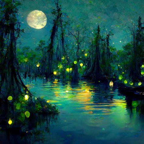 Sleepy lagoon moon forest swamp creek fairy lights floating glow arabesque tiny boat trees moss night Louisiana beautiful 4K Impressionism jazz green fireflies Tree At Night Painting, Moon Forest Painting, Swamp Scene Painting, Swamp Landscape Art, Swamp Painting Easy, Night Lake Painting, Fantasy Swamp Art, Firefly Paintings, Whimsical Forest Art