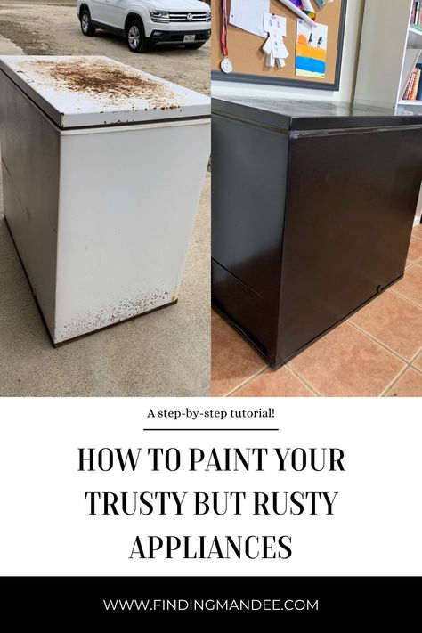 Painting Deep Freezer, Cover Deep Freezer, Painted Deep Freezer, Paint Deep Freezer, Laundry Room Paint Colors Black Appliances, Hide Deep Freezer, How To Paint Appliances, Deep Freezer Makeover Wood, Deep Freezer Makeover