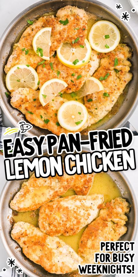 This easy lemon chicken recipe is ideal for busy weeknights and a dish we’re sure you’ll be cooking again and again. Juicy chicken breasts are coated in flour and pan-fried in a skillet before being simmered in a zingy lemon sauce. Fried Lemon Chicken Recipe, Pan Fried Lemon Chicken, Lemon Fried Chicken, Pan Fry Chicken Breast, Breaded Lemon Chicken, Lemon Crusted Chicken, Chicken Tights, Lemon Garlic Chicken Breast, Lemon Chicken Breast Recipes