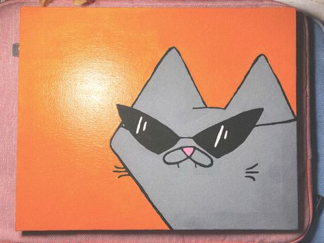 A sassy gray cat extending from the bottom right corner wearing black sun glasses with an all orange background. Cat Painting For Beginners, Easy Painting Ideas On Canvas For Guys, Funny Cat Painting Easy, Simple Cat Painting Acrylic, Cat With Sunglasses Drawing, Easy Trendy Paintings, Cute Cat Painting Easy, Simple Trippy Drawings Easy, Simple Cat Painting