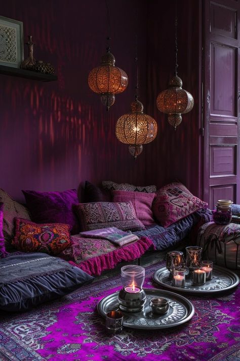 29 Dark Boho Living Room Ideas 7 Dark Purple Living Room, Dark Purple Room, Dark Purple Wall, Queen Decor, Glamour Room, Dark Boho Living Room, Colourful Interiors, Dark Palette, Moody Colors