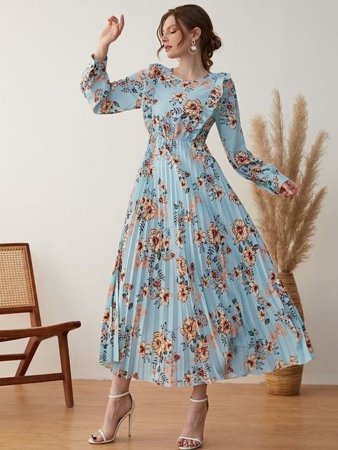 Dress Rumahan, Modest Spring Dresses, Winter Mode Outfits, Long Frocks, Bishop Sleeve, Fabric Floral, Funko Pops, Dresses For Teens, Fall Fashion Outfits