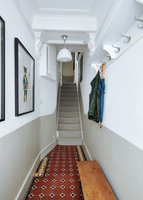 Half Hallway Painted, Hall Wall Colour, Dado Rail Hallway, Hallway Paint Ideas, Half Painted Wall, Hallway Colour Ideas, Half Painted Walls, Hallway Paint, Wall Color Combination