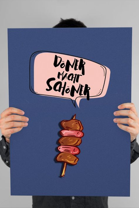 This is the perfect gift for any lover of Döner Kebab, İskender, Shawarma, Gyros, Al pastor or just meat in general! The quote is a famous German quote translating to "Döner makes you more beautiful" – it's a famous catch phrase used by many Döner sellers – so this poster wall art print is also the perfect addition to any Döner or Shawarma shop and restaurant. Döner Kebab, Lover Poster, Meat Lover, Longing Quotes, Doner Kebab, German Quotes, Poster Funny, Catch Phrase, Food Poster