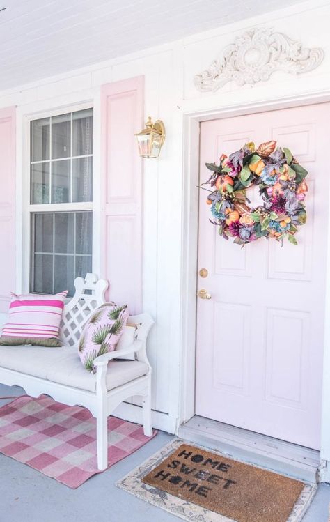 White And Pink Exterior House, Exterior Pink House, White House With Pink Shutters, Pink Shutters White House, Shabby Chic Exterior House, Pink Siding House, Pink Window Trim, Colorful Home Exterior Paint, Pink Stucco House Exterior