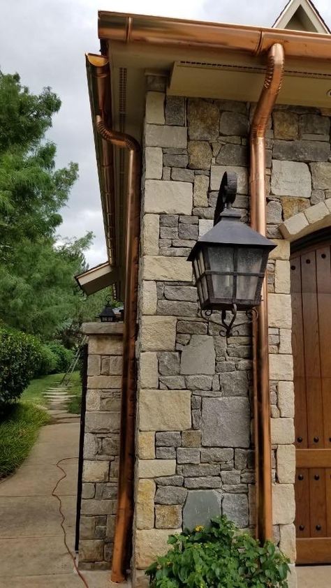 Copper Tin Roof, Copper Shutters, 1920 Craftsman Bungalow, Copper Roof House, Porch Skirting, Dollhouse Build, House Gutters, Copper Ideas, Gutter Drainage