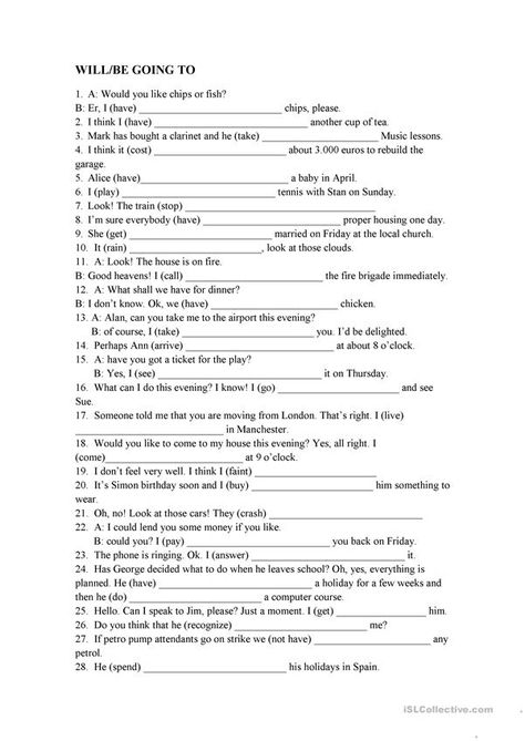 will or going to - English ESL Worksheets for distance learning and physical classrooms English Worksheets High School, Will Or Going To Worksheet, Will Vs Going To Worksheets, Grammar Worksheets High School, Esl Teaching Resources, English Exercises, English File, English Grammar Worksheets, English Worksheets For Kids