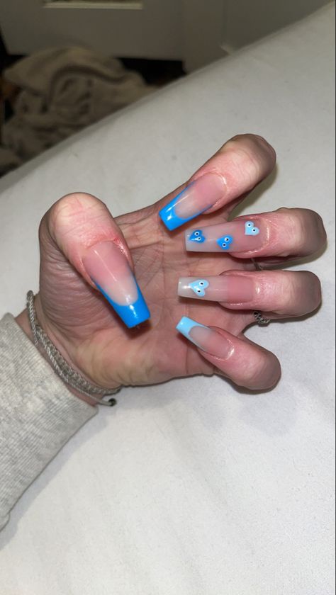 Blue Heart Eyes Nails, White French Tips With Blue Heart, Heart Eye Nails Acrylic, Nail Inspo Heart With Eyes, Nails With Hearts With Eyes, Short Cute Nails Acrylic Square, Heart Eyes Nails, Heart Eye Nails, Eye Heart Nails