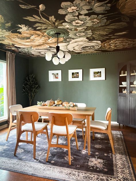 Rustic Dining Room Wallpaper, Dark Brown Accent Wall Dining Room, Dining Room Dramatic, Wallpaper With Wainscoting Dining Room, Dramatic Dining Room Wallpaper, Dining Room Ceiling Mural, Big Wall Art Dining Room, Dark Painted Ceiling Dining Room, Moody Dining Room Lighting