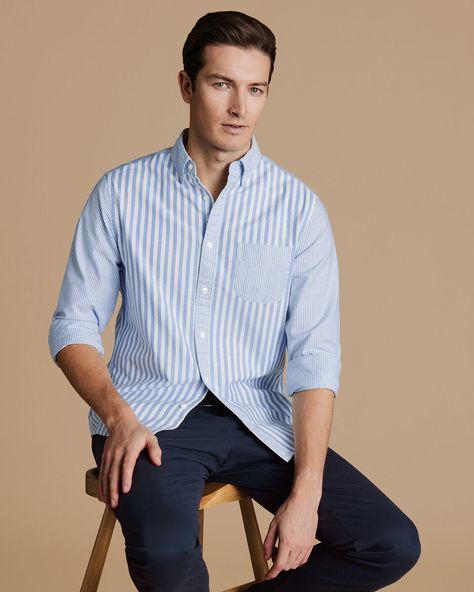 Button-Down Collar Stretch Washed Oxford Stripe Patchwork Shirt - Ocean Blue | Charles Tyrwhitt Blue Stripes Outfit, Stripe Patchwork, Charles Tyrwhitt Shirt, Green Velvet Sofa, Patchwork Shirt, Charles Tyrwhitt, Stripe Outfits, Sofa Living, Wardrobe Ideas