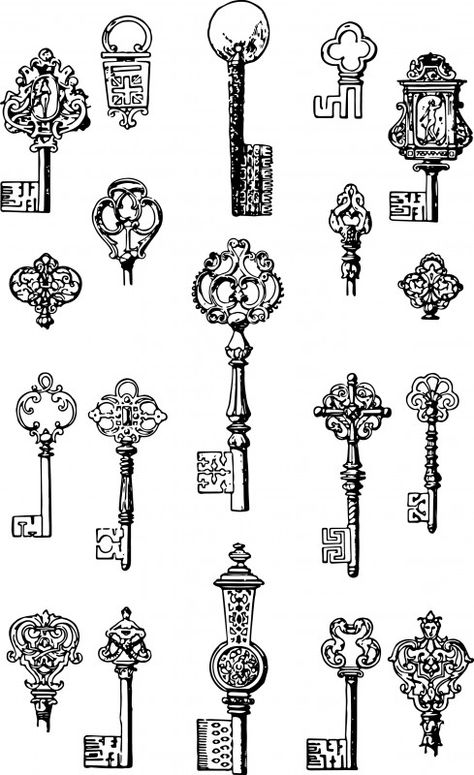 Vintage Keys – Free Vector & Clip Art Alchemy Tattoo, Tato Dada, طابع بريدي, Old Keys, Gambar Figur, Images Vintage, Clip Art Vintage, 문신 디자인, Vintage Keys