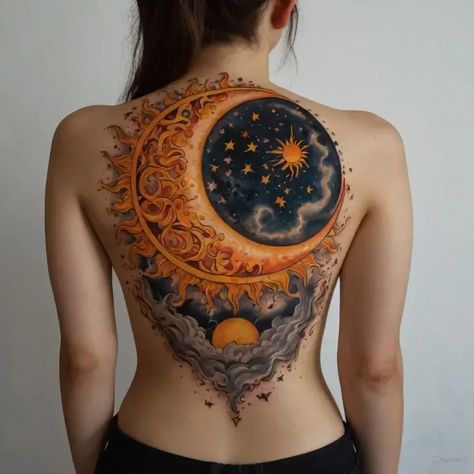 Sun and Moon Tattoos: Meaning, Significance & 120+ Designs - HBTat2 Moon And Ocean Tattoo, Moon Tattoo Meaning, Moon Cycle Tattoo, Dark Masculine, Blue Ink Tattoos, Sun And Moon Tattoos, Masculine And Feminine Energy, Dark Feminine Tattoos, Celestial Tattoo