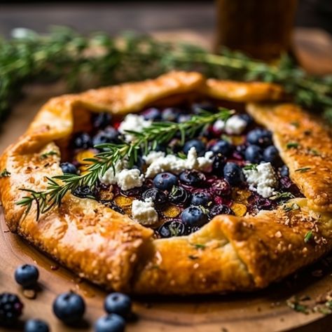 This delicious galette is perfect for summer nights, featuring fresh, juicy berries and savory goat cheese with a flavorful herb sauce. #SavorySummerBerryGalette #HerbedGoatCheese #AppetizerDessert #Foodies #RecipeIdeas #InstaFood #SummerEats #Recipe #Galette #Savory Blueberry Recipes Savory, Galette Savory, Savory Galette, Berry Galette, Blueberry Goat Cheese, Herbed Goat Cheese, Blueberry Galette, Savory Dessert, Berry Recipes