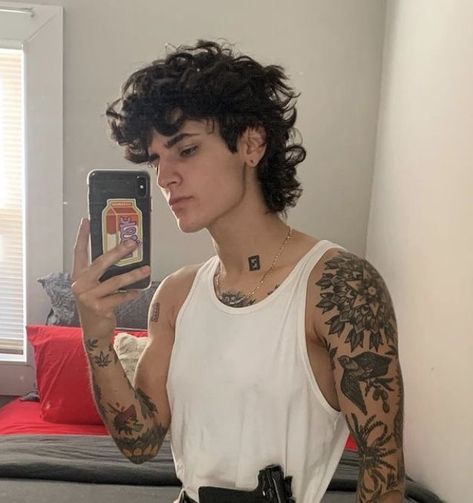 Cute Curly Mullet, Queer Male Haircut, Man Mullet Curly, Male Curly Mullet, Queer Men Haircut, Queer Mullet Curly, Mullet Aesthetic Men, Queer Haircut Curly, Male Curly Haircut