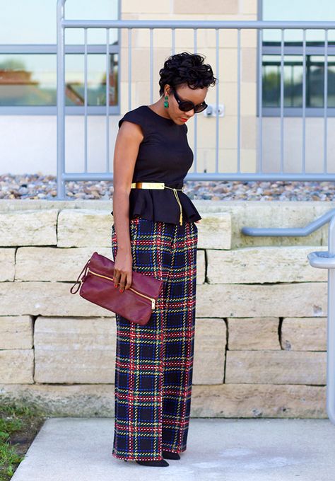 Burgundy Handbag, Talbots Fashion, Plaid Pants Outfit, Tartan Fashion, Wide Leg Pants Outfit, Black Tartan, Burgundy Outfit, Plaid Outfits, Gold Belt