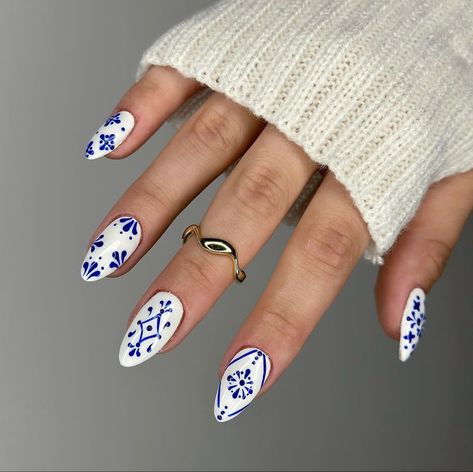 Easy To Do Nail Art, Portugal Inspired Nails, Philippines Nails, Pottery Nails, Porcelain Nail Art, Talavera Nails, Spanish Tile Nails, Mediterranean Nails, Portugal Nails