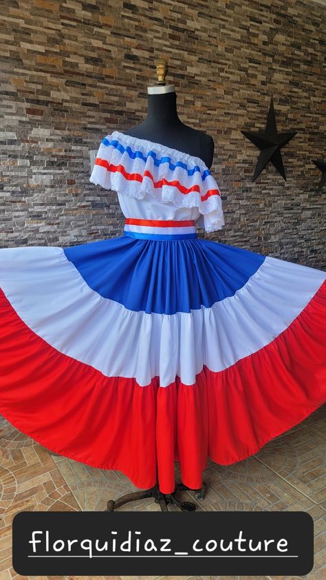 Traje tipico dominicano Puerto Rico Clothing, Work Event Ideas, Dominican Flag, Cultural Wear, Spanish Dancer, Culture Day, Belle Epoque, Dominican Republic, Quinceanera