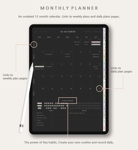 Black iPad Digital Planner - GoodNotes Template with Stickers studentplannerideas digitalplannergoals #digitalplannertemplates🗓 Notion Routine, Month Planner Template, Ipad Monthly Planner, 3 Month Planner, Goodnotes Monthly Planner, Pink Monthly Planner, Planner Setup Ideas, Notion Study Planner, Ipad Planner Template Free