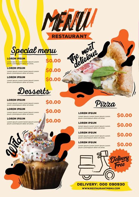 Crafting a restaurant menu doesn't have to be a grueling task - use Freepik to create an easy, customizable digital menu template with pizza and cupcake options. Get started now and make the lunch rush easier for yourself! #menurestaurante #digitalmenu #menutemplate #lunch Menu Design Restaurant, Digital Restaurant, Menu Sans Gluten, Menu Design Inspiration, Food Truck Menu, Cafe Menu Design, 잡지 레이아웃, Burger Menu, Food Menu Template