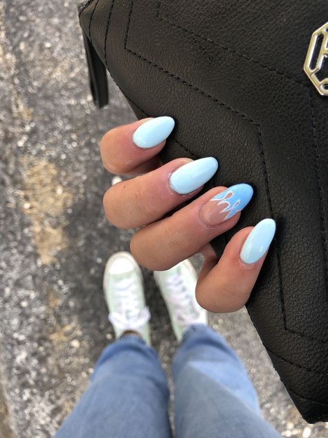 light blue nails with fire Acrylic Nails Coffin Ombre, Baby Blue Acrylic Nails, Jasmine Nails, Chloe Nails, Clear Acrylic Nails, Light Blue Nails, Red Acrylic Nails, Blue Acrylic Nails, Ombre Acrylic Nails