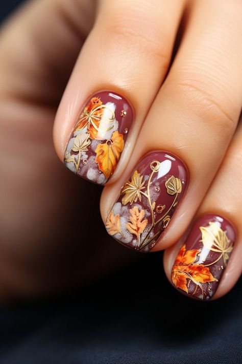 Thanksgiving Manicure, Foliage Nails, Leaves Nails, Nails Thanksgiving, Art Thanksgiving, Fall Nail Ideas, Thanksgiving Nail Designs, Thanksgiving Nail Art, Thanksgiving Nail