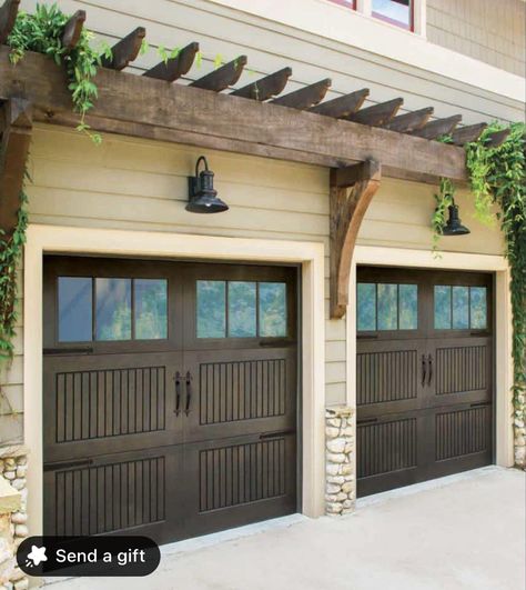 Cedar Accents On White House Exterior, Wooden Trellis Over Garage Door, Gable Over Garage, Pergola Above Garage Door Wood, Cedar Accent Above Garage Door, Wood Over Garage Door, Over The Garage Pergola, Wood Above Garage Door, Garage Lattice