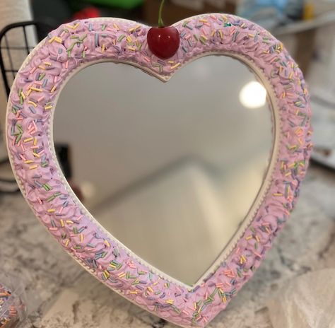 Fake cake heart mirror. Hand made and Decorated with purple decoden and colored sprinkles. Mirror can sit table top or hang on the wall. Fake Cake Mirror, Eclectic Boho Bedroom, Decoden Crafts, Cake Mirror, Diy Mirrors, Micro Pig, Faux Cake, Cake Heart, Micro Pigs