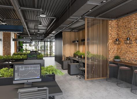 Industrial Real Estate Office, Traditional Corporate Office Design, Modern Office With Plants, Corporate Office Design Concept, Industrial Modern Office Design, Industrial Office Space Design, Creative Office Space Workspaces Design, Industrial Interior Design Commercial, Modern Industrial Office Space